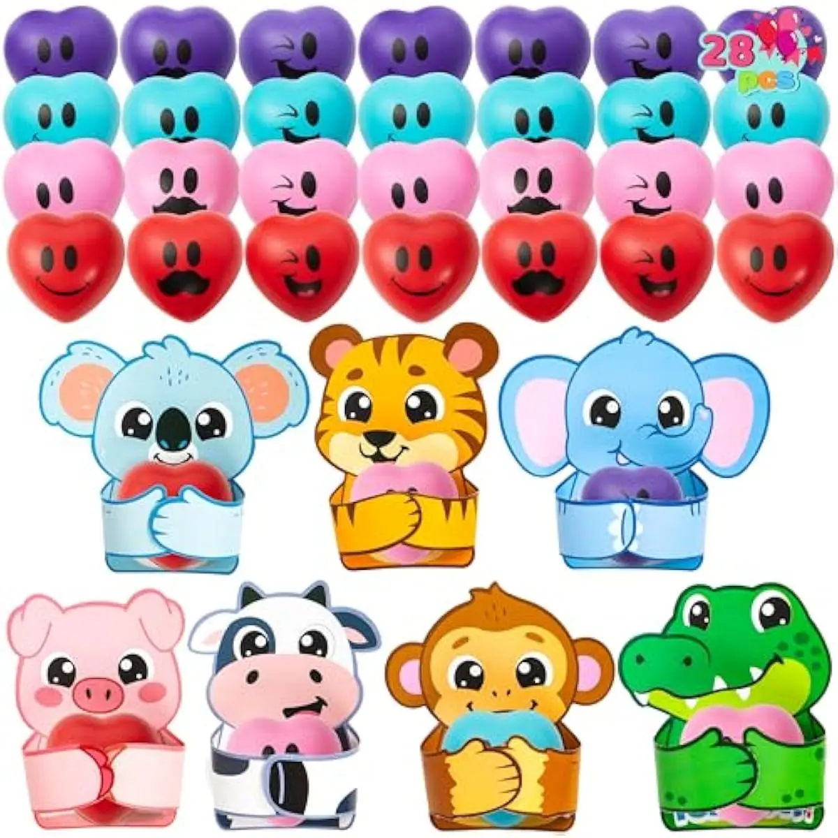 28 PCS Valentine Animal Cards with Heart Stress Ball, Heart Shape Squishy Toy Stress Relief Toy with Valentines Day Greeting Cards for Kids, Classroom Exchange Gifts Party Favors