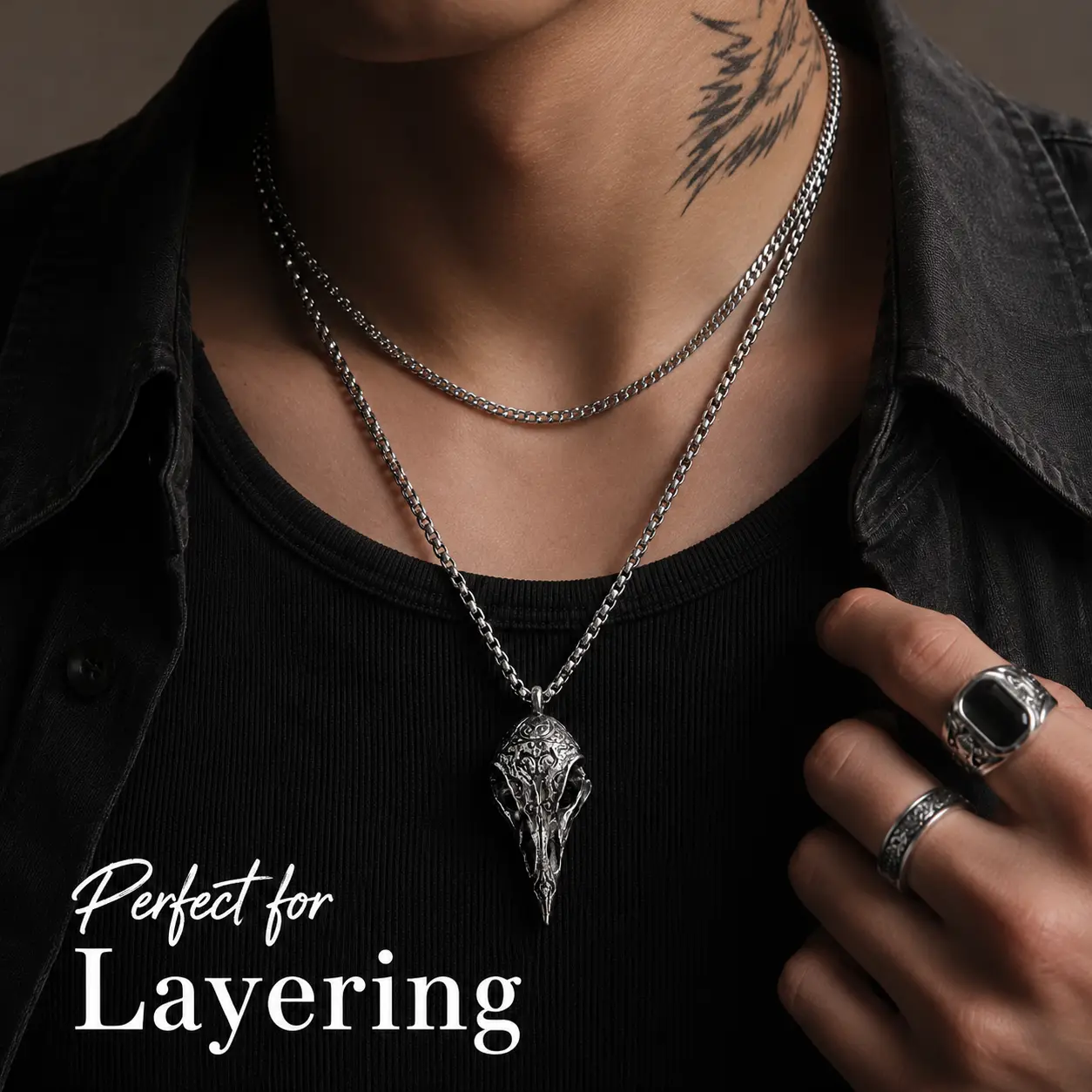 Women's Antique Silver Bird Skull Pendant Necklace - 18 mm Width, Casual Animal Jewelry, Edgy Style Gothic Look Statement Accessory for Daily Wear, Women/Girls, 600 Mm, Girls Who Love Statement Necklaces, Chain Jewelry Necklaces
