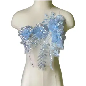 Handmade DIY Sew on Blue 3D Sequin Flower Applique Patches for Clothing Dresses Dance Costumes Bags Home Decor (Blue-A)