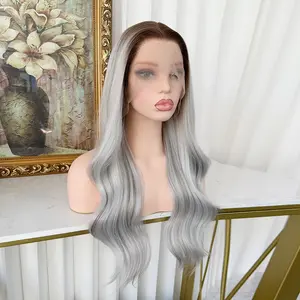 Lovestory Silver Long wavy Lace Front Wig Free Part Heat Resistant Synthetic Lace Front Wig for Women Ombre Color Gray Highlights Long Wig for Women