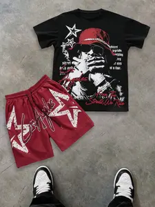 Unisex La Street Legend 2-Piece Shorts Set, Hip Hop Rap Print T-Shirt & Starburst Shorts, Dark Street Style Summer Essential