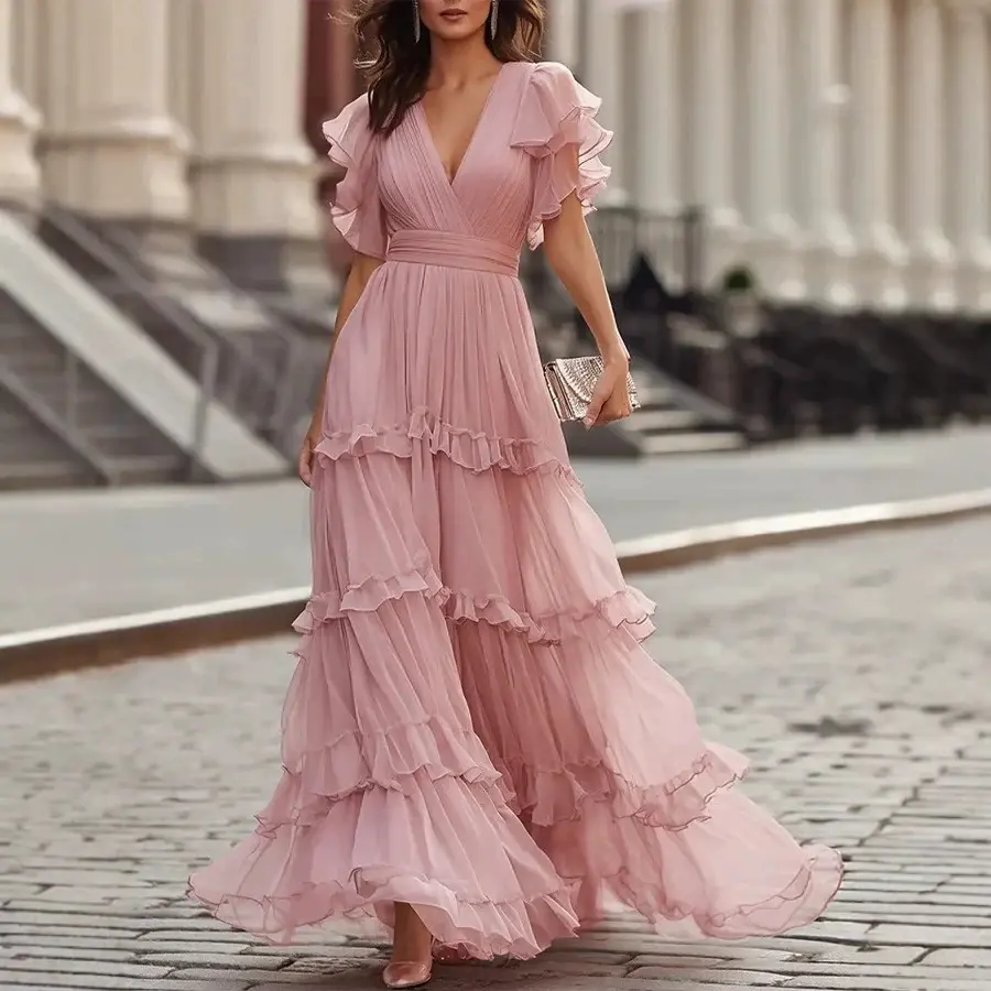 Women's Romantic Lightweight Pastel Chiffon Maxi Dress with Flutter Sleeves and Tiered Ruffle Skirt for Bridal or Cocktail Parties, Light, Flat, Strappy, Formal, Long Skirt, Cold Hand Wash, Double Deep V, Elastic Waist, Breathable, Beach