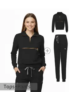 Stand Collar Quarter Zip Scrub Uniform Stretch Cargo Pants Ladies Work Outfit for Nurse Doctor Spa