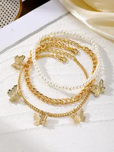 Butterfly Decor Anklet (3counts), Faux Pearl Beaded Anklet & Chain Anklet for Women & Girls for Party, Daily, Exquisite Jewelry for Birthday Gift, Trendy Fashionable Accessories, Trendy Jewellery Accessories