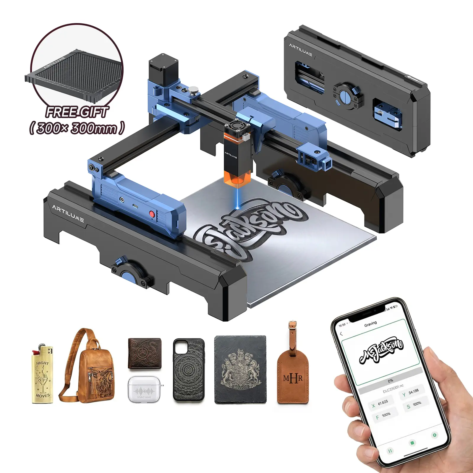 Artilume T1-P Portable Laser Engraving Machine, APP Control, 3s Quick Setup, Foldable Design with 8cm Height Extension, 200×150mm Work Area, Engraves Wood, Leather, Acrylic & Coated Metal, Beginner-Friendly DIY Tool for Personalized Gifts & Small Business