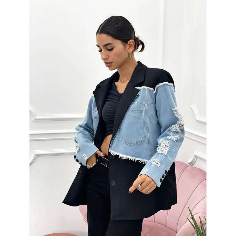 Women's Distressed Denim Patchwork Black Blazer, A Niche, Designer-style Loose Casual Color-block Jacket, Perfect For Spring, Autumn And Winter