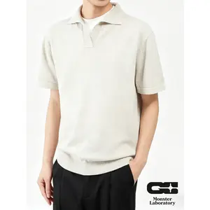 Men's Knit Gray Polo Shirt, Short Sleeve Collared Tee, Relaxed Fit, Soft Lightweight, Classic Minimalist Casual Style Monster Lab Design #757