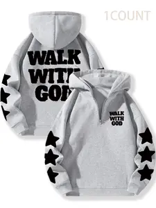 Unisex Fleece Lined Hoodie with Zipper, Half-Zip Design, Star Print Casual Hooded Sweatshirt for Fall & Winter Outdoor Sports