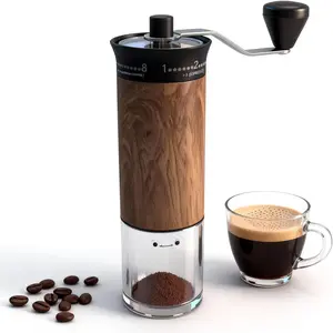 Mini Manual Coffee Grinder, 56 External Adjustable Settings, 30g Capacity, Portable Ceramic Conical Burr Mill with Crank, Single Dose Hand Grinder for Camping, Travel - Wood Grain