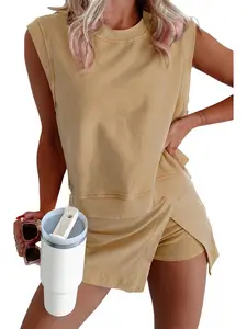 Women's Travel Outfits Summer Lounge Set Two Pieces Mineral Wash Cotton Tank Top Lined Split Athletic Skirt Set 2026