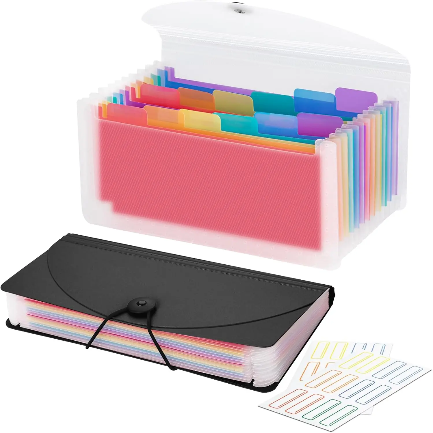 13 Pocket A6 Receipt Organizer, 2 Pack Small Accordion File Organizer,  Organizer with Labels - Clear and Black