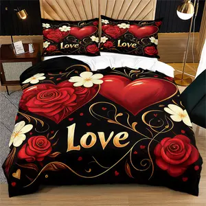 Romantic Love Flower Pattern Duvet Cover Set, Soft And Durable Bedding Set, Contains 1 Duvet Cover And 1 Or 2 Pillowcases, Does Not Contain Cotton Core, Suitable For Children And Adults Daily Holiday Birthday Gifts Bedroom Decorations