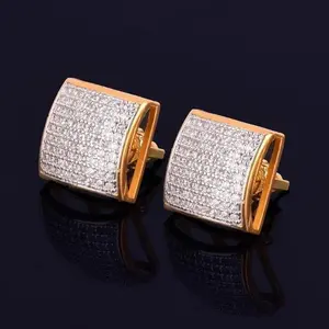 [ICE HUE] Unisex 18K Gold Vacuum Plated Copper 12mm Curved Square Earrings with 5A+ Sri Lanka Zircon, Miami-Italy-Mexico & Micro Inspired Luxury Costume Jewelry, Daily Wear & Gift Idea, Classic Hip Hop Simple Sporty Styles