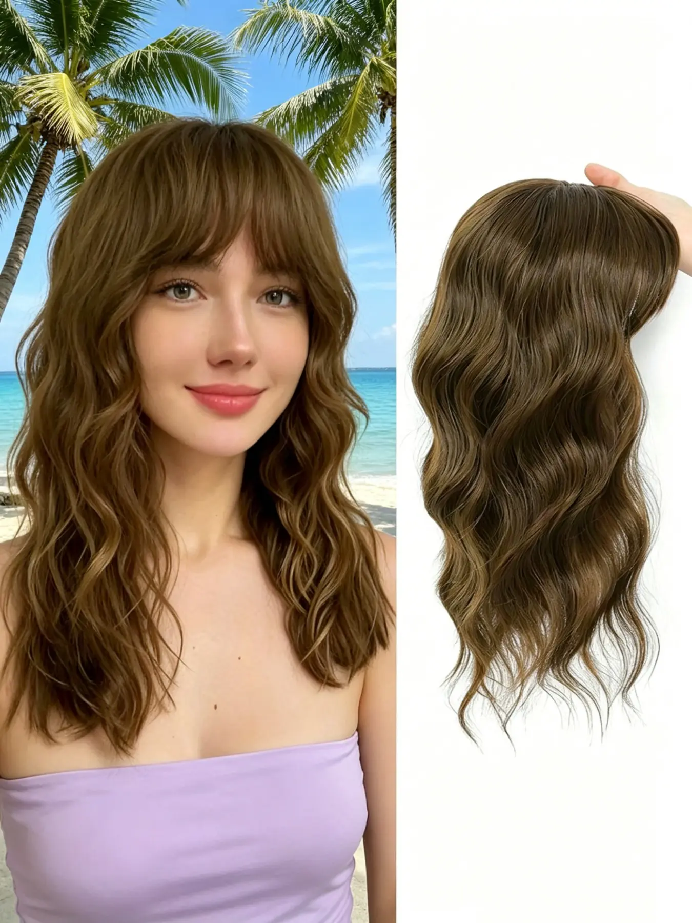 Elevate your summer style! This ombre wavy hair topper with bangs, Synthetic Layered Cut Wigs, adds sun-kissed dimension and bouncy loose waves. Easy to install, long-lasting, and made for all-day comfort.
