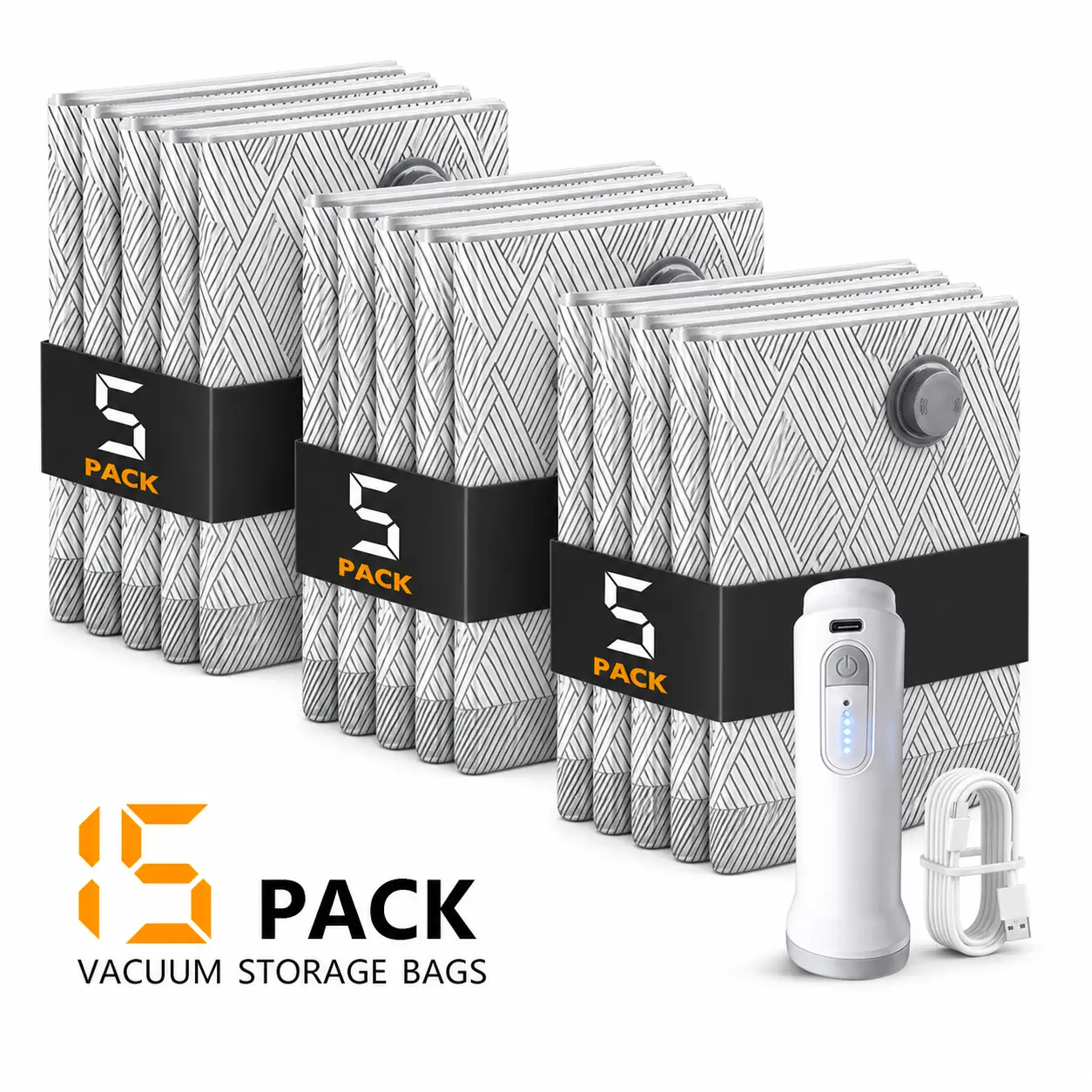 15-Pack Vacuum Storage Compression Bags with Rechargeable Cordless USB Electric Pump, Space-Saving Travel Luggage Organiser Set for Clothes (Combo Sizes for Carry-On Suitcases)