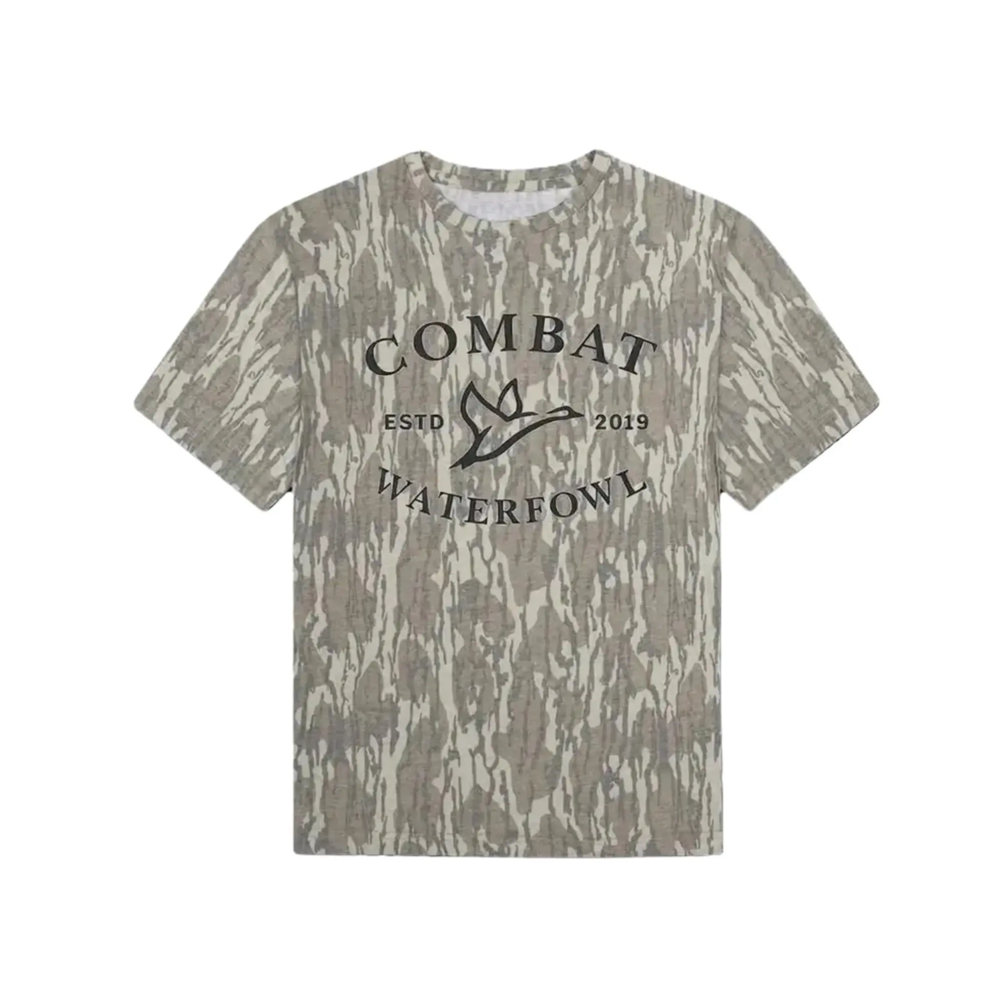 Combat Waterfowl Washed Duck Badge Mossy Oak Bottomland Vintage Camo Tee - Hunting Camo Shirt, Soft Stretch Cotton, Full Size S-5XL