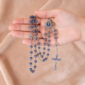 Glass Pearl Beads with Miraculous Epoxy Heart Metal Beads Rosary Necklace pack in Velvet Gift Bag with Rosary Pray Card