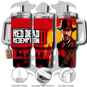 HardTimesMerch 40oz Handle Tumbler - Red Dead Redemption 2 #2 Stainless Steel Portable Mug, Game-Inspired Vacuum Insulated Washable Travel Cup with Lid, Large Iced Coffee Drinkware, Gamer Gift, Insulation