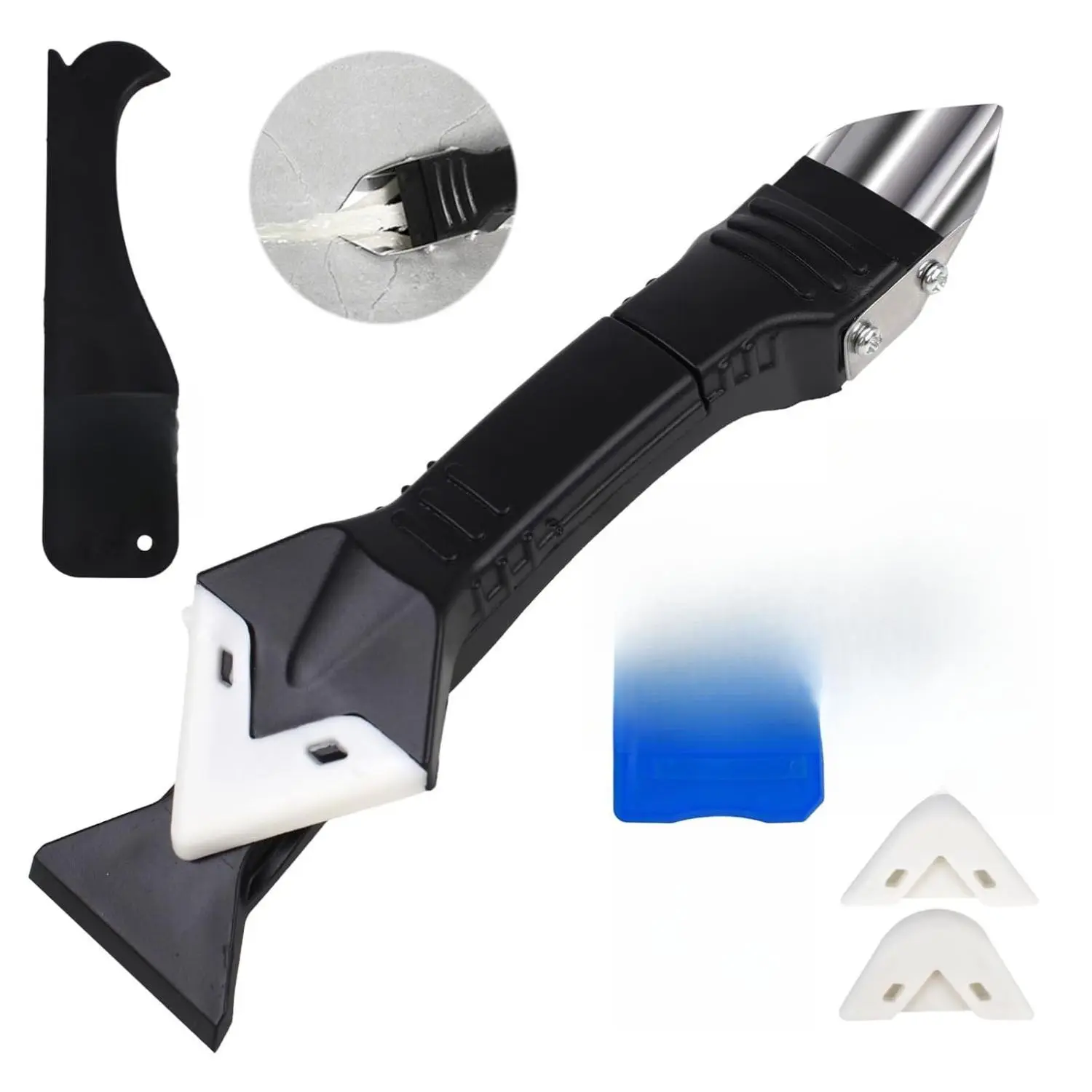 11Pcs Silicone Caulking Tools 3 in1 Grout Removal Tool(Stainless Steelhead)&Grout Remove Scraper,5 Silicone Replaceable Pads,4 Glass Glue Angle Scraper, Caulk Remover for Kitchen/Bathroom/Window/Joint