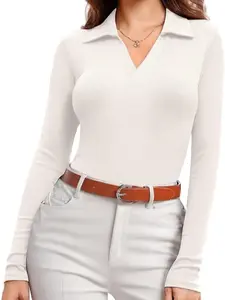 Women's Fall Winter Casual Slim Fit Long Sleeve Polo Neck Side Ruched Waist Tee Shirt, Comfortable Solid Color Sporty Design for Teens & Adults, Womenswear, Lady Tops