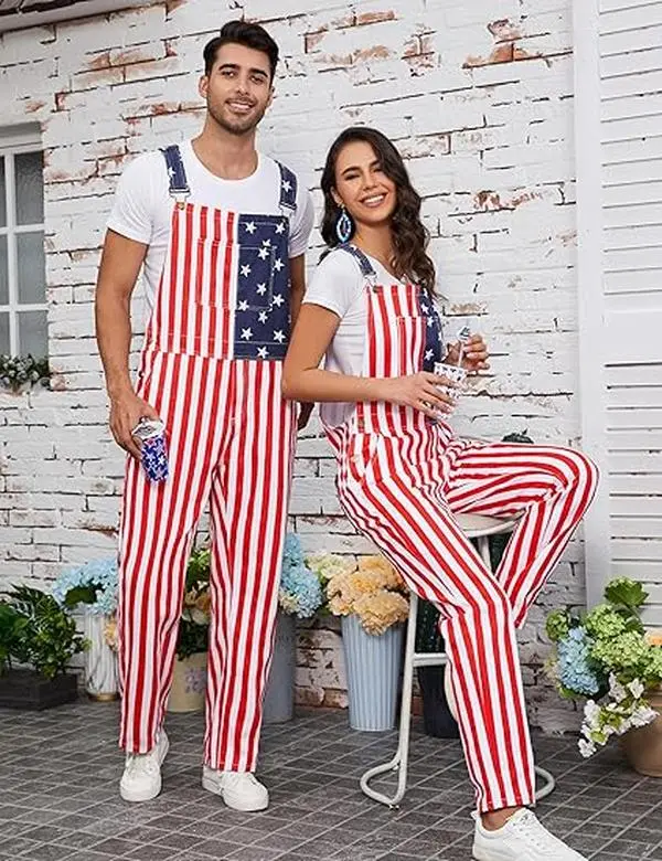Yuanbang Couples Adjustable Denim Overalls, Red White and Blue Coveralls Menswear with Zip, Men's Casual Rompers, Women's USA Bibs Jumpsuits with Pockets Labor Day Fall/Winter