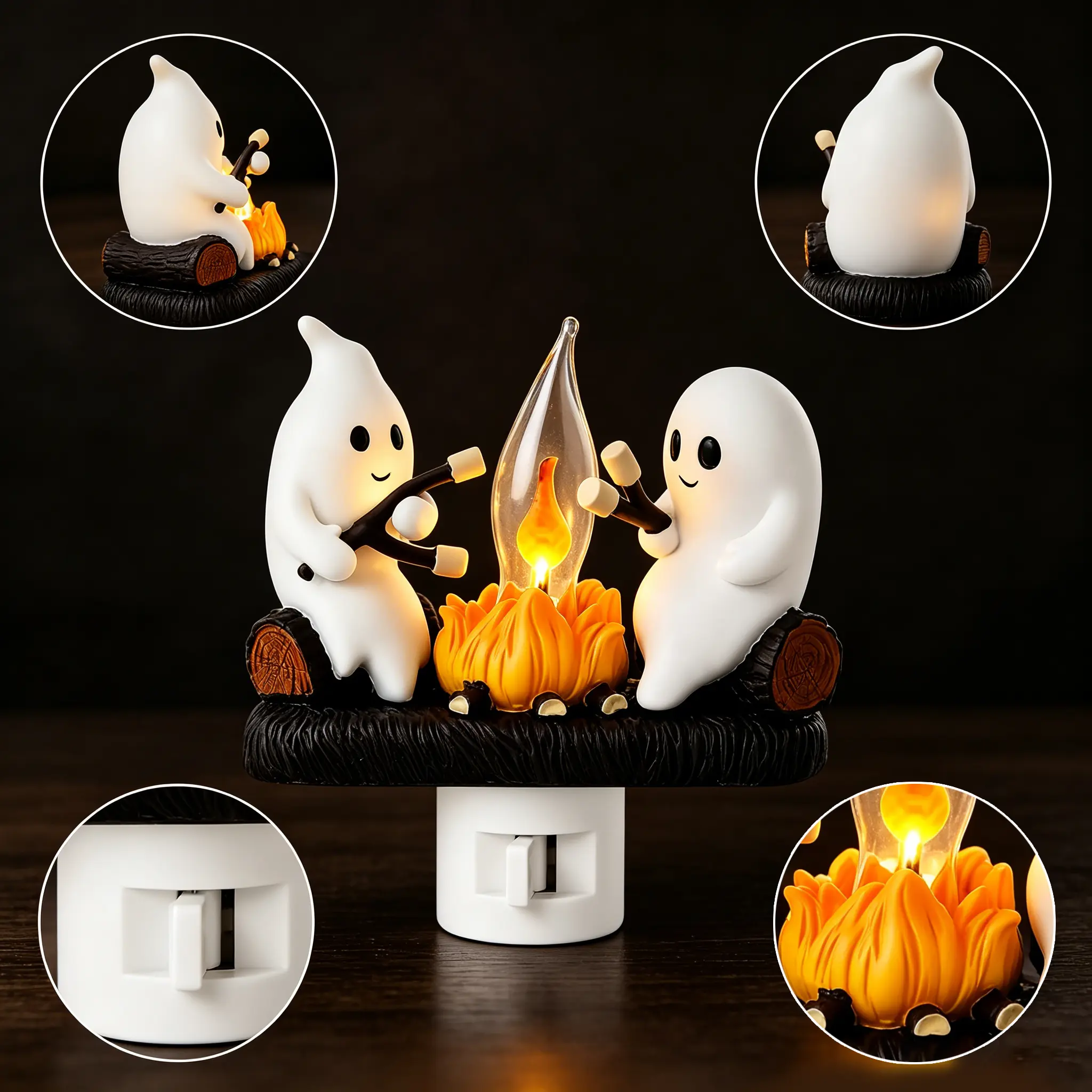 Halloween plug-in wall flickering flame night light, with a ghostly design, is perfect for creating a creepy atmosphere on Halloween or throughout the year. LED ambient lighting, lighting props for Halloween indoor desktop scene decoration