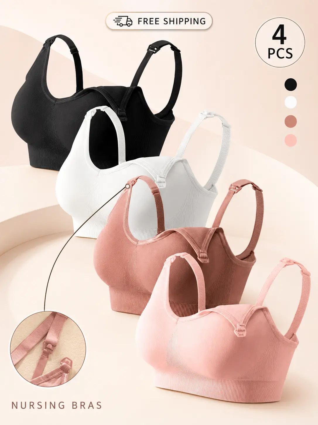 【4 Pack】Women's Seamless Nursing Bras, Wireless Maternity Breastfeeding Bras with One-Hand Nursing Clips, Adjustable Straps, Ribbed Stretch Fabric and Wide Support Band, Comfortable Everyday Sleep Bras for Pregnancy and Postpartum, Black White Nude Pink
