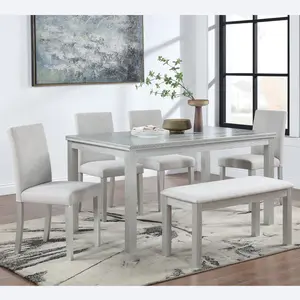 6 Piece Wooden Dining Table Set, Wooden Dining Table with 4 Upholstered Chairs and Bench for 6 People, Rectangular Dining Table Set with Crystal Decoration for Kitchen, Dining Room, Silver grey(High end and high-quality)