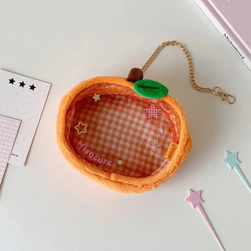 15cm Cute plush doll storage bag with keychain, PVC transparent doll display bag, cartoon apple doll dustproof storage bag