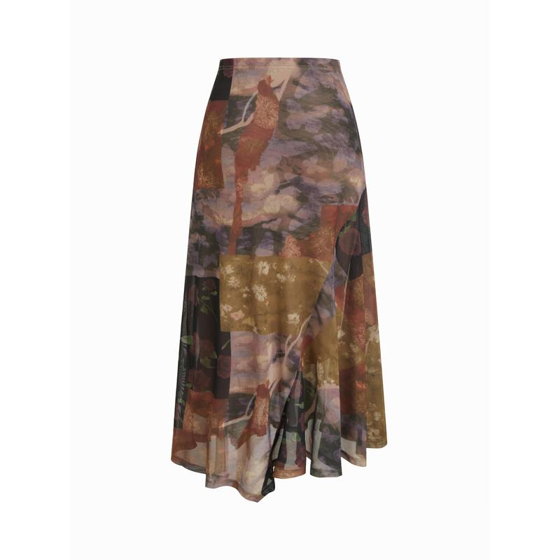 Cider Mesh Mid Rise Abstract Graphic Floral Asymmetrical Hem Maxi Skirt