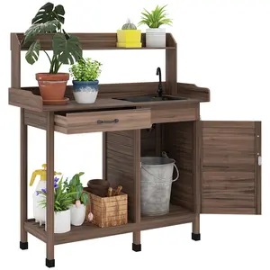 Dark brown solid fir wood outdoor potting bench with detachable sink cabinet and hooks for backyard garden daily plant care work