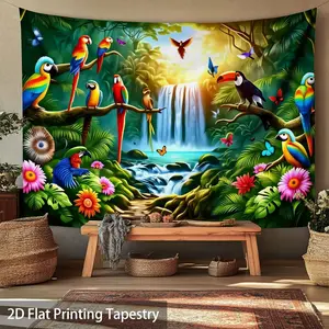 1pc 2D flat tapestry Colorful Tropical Jungle Parrot Waterfall Tapestry for Living Room Wall Hanging Decor