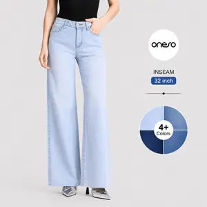 ONESO Stretch Wide Leg Denim Jeans for Women BBL Fit Distressed Raw Hem Mid Rise Y2K Fashion