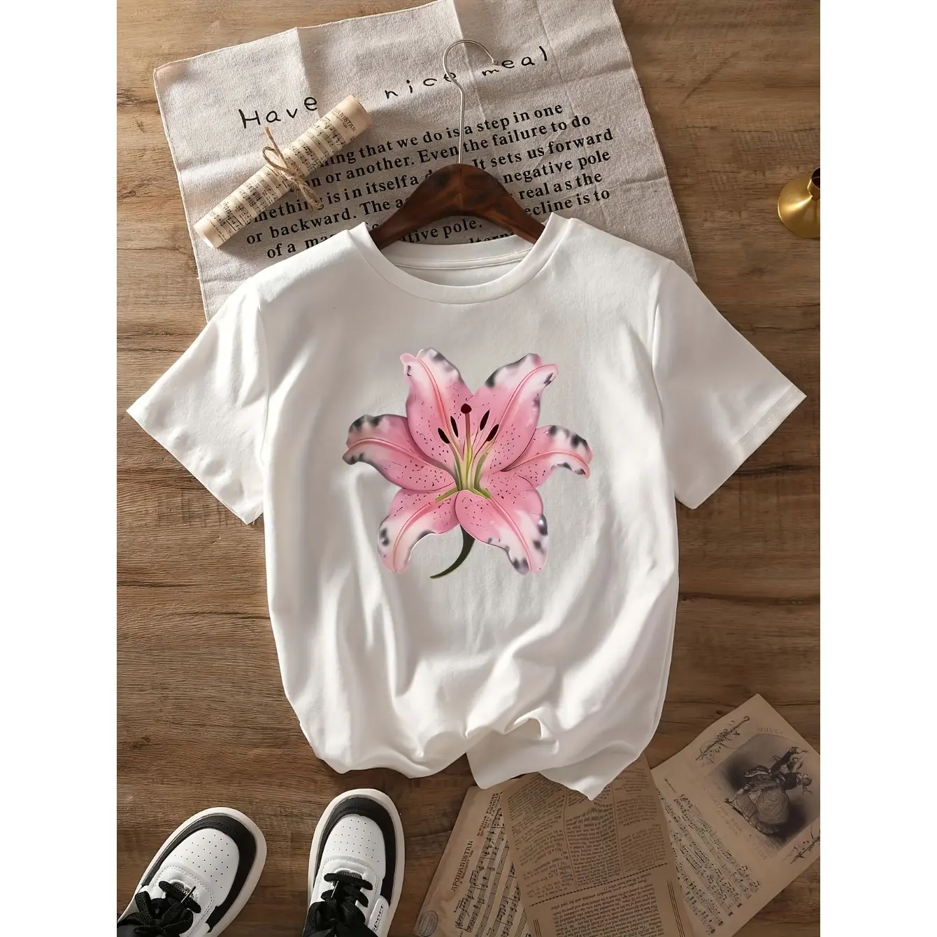Customized Floral T-Shirt for Women with Lily Graphic, Casual Round Neck Regular Fit Top, Soft Breathable Fabric for All Seasons Wear