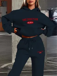 Autumn Winter Hoodie Set, One Direction Text Print, Vintage Simple Style, Loose Fit, Daily Wear & Fan Support, Women Clothes Womenswear Casual