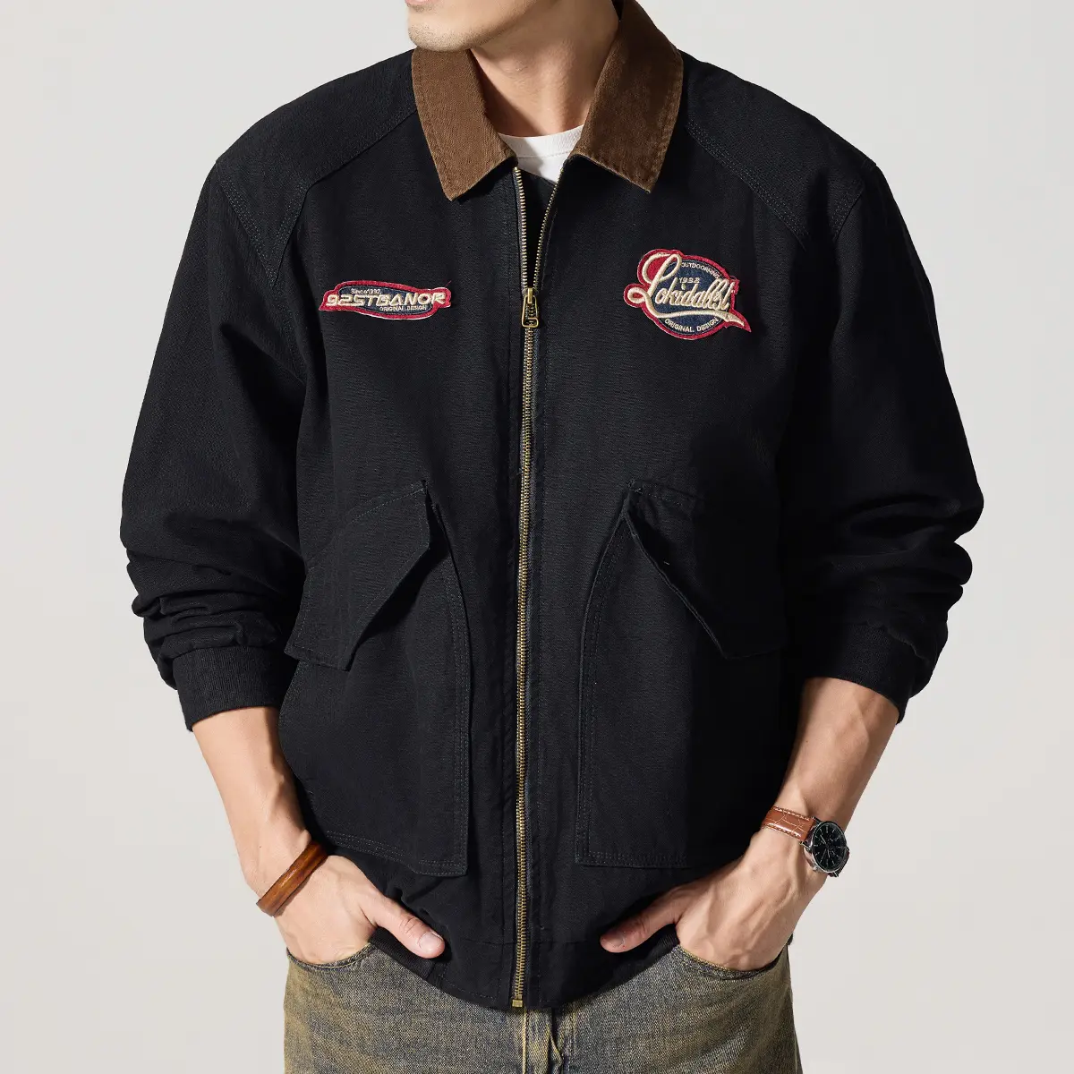 Men's Vintage Cotton Work Jacket - Plain Retro Safari Cargo Coat with Single-Breasted Collared Neck, Decorative Details, Long Sleeves, Menswear Outerwear Tops, Decoration, Daily Wear, Full Opening