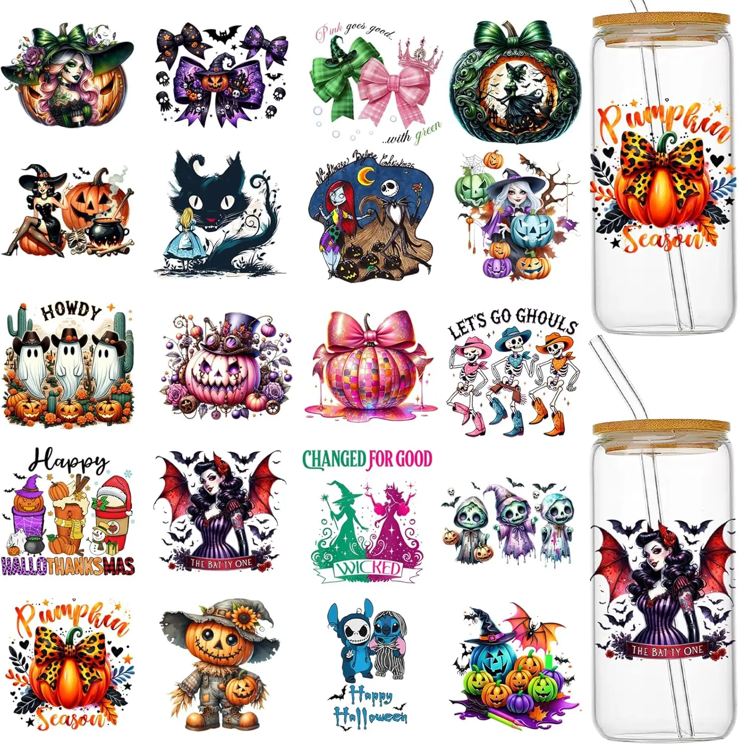 UV DTF Cup Wraps for 16 oz, 20 Sheets Halloween Uvdtf Cup Wraps for Tumblers, Glass Cups, Rub on Transfers for Crafts, UV DTF Stickers, Cold Transfer Stickers, Vinyl Decals for Mugs Coffee