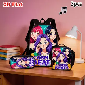 3Pcs "Cosmic Beats" Anime Girl Print Backpack Set Durable 600D Oxford Cloth School Bag Insulated Lunch Box & Pencil Case Combo Adjustable Breathable Strap Large Capacity Fits 15in Laptop for Kids Teens School Travel Outdoor Use