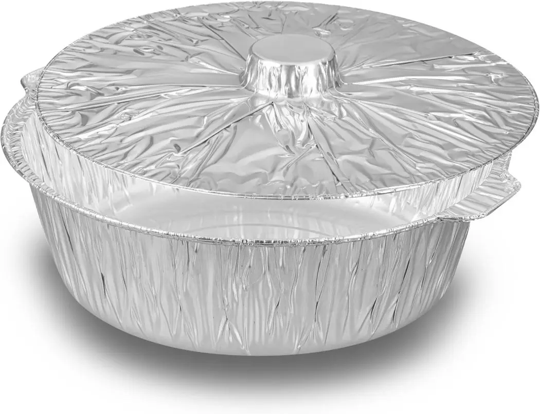5 PCS Disposable Aluminum Pots with Lid, 13.3" X 4.7" Round Foil Pans, Disposable Cookware Food Containers, Portable Foil Pots for Vacation Trips Camping Baking Heating Cooking