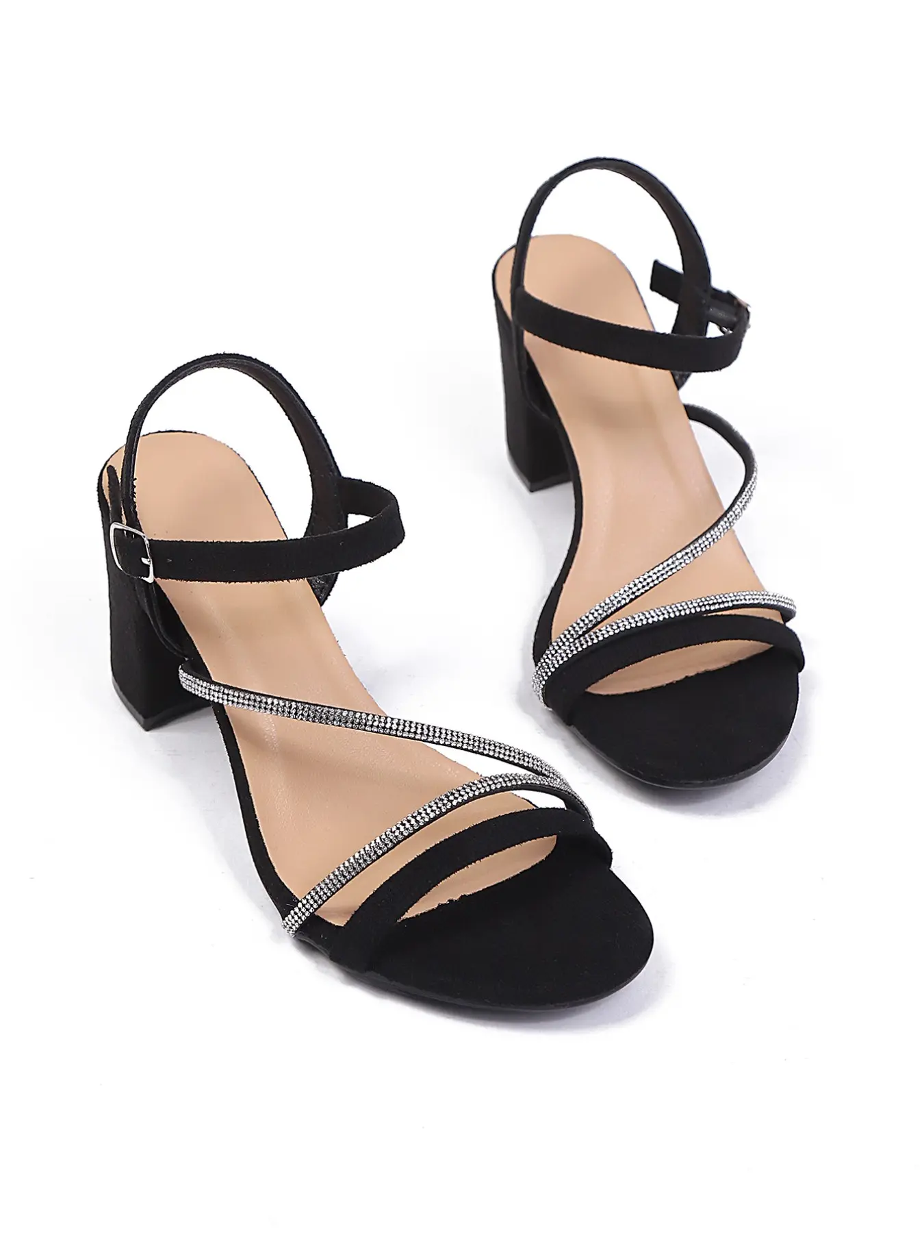 Summer New Fashion Rhinestone Strap Decorated Heeled Glitter Dress Sandals for Women, Open Toe Square Heel Buckle High Heels, Elegant Versatile Shoes, Elegant Party Shoes