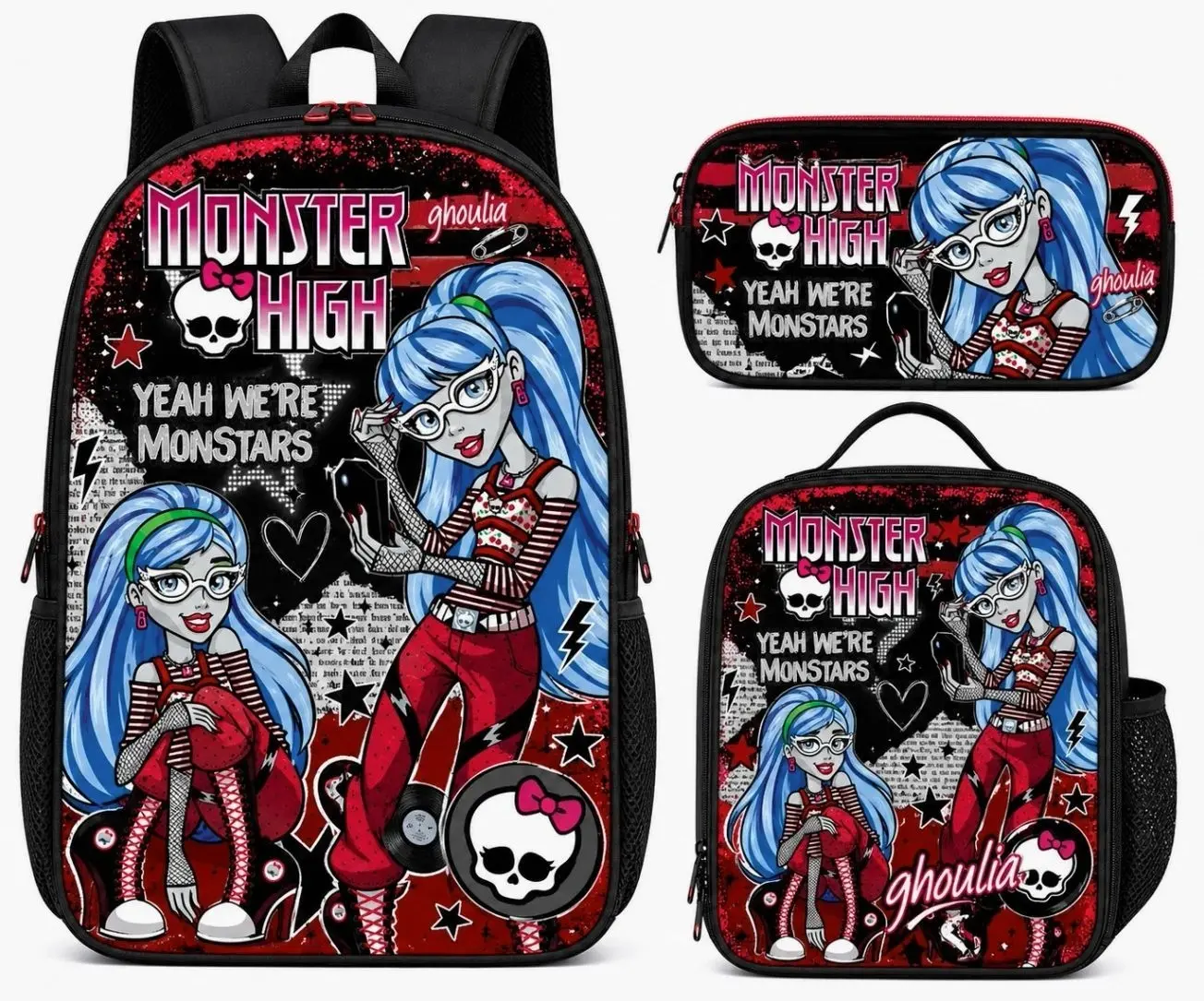 Gothic School Squad Pink Ghoul 3Pcs Laptop Backpack Set with Insulated Lunch Box Back to School Halloween Christmas Gift for Girls