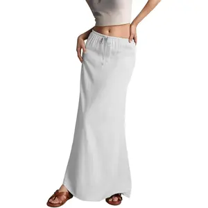 Linen Maxi Skirts for Women Trendy Summer Comfy Drawstring A Line Skirts Casual Beach Vacation Boho Flowy Long Skirts