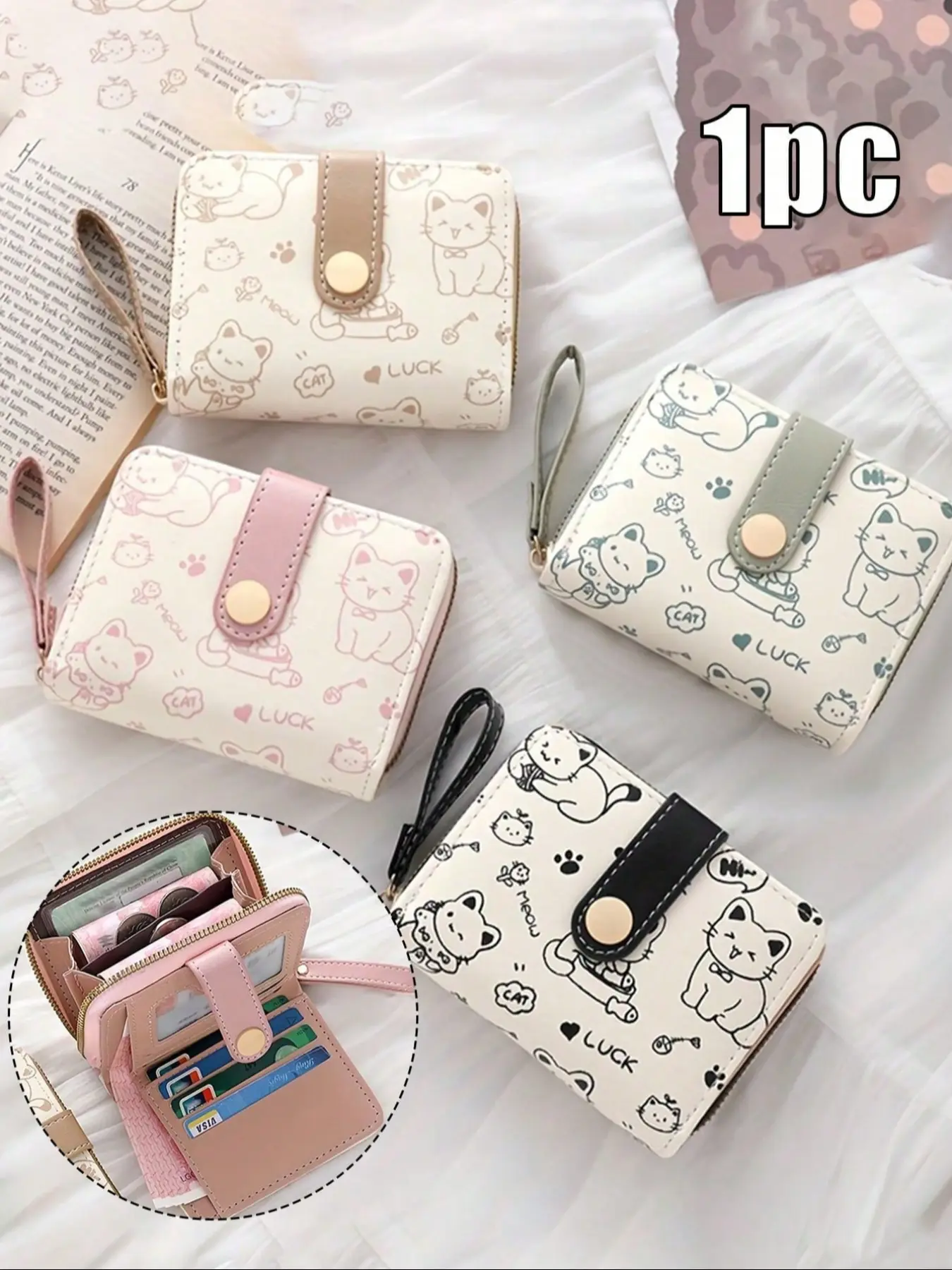 Women's Mini Wallet with Cute Cat Pattern, Small Zipper Coin Purse, Multiple Card Slots, Wrist Strap, Large Capacity, Fashionable Faux Leather, Wristlet Wallets