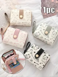 Women's Mini Wallet with Cute Cat Pattern, Small Zipper Coin Purse, Multiple Card Slots, Wrist Strap, Large Capacity, Fashionable Faux Leather
