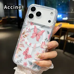 Magnetic Phone Case for iPhone 17 16  Pro Max Plus 15 14 13 12 11 Air E Pretty Butterfly  Printed Clear Acrylic All Coverage Cover Support Wireless Charging