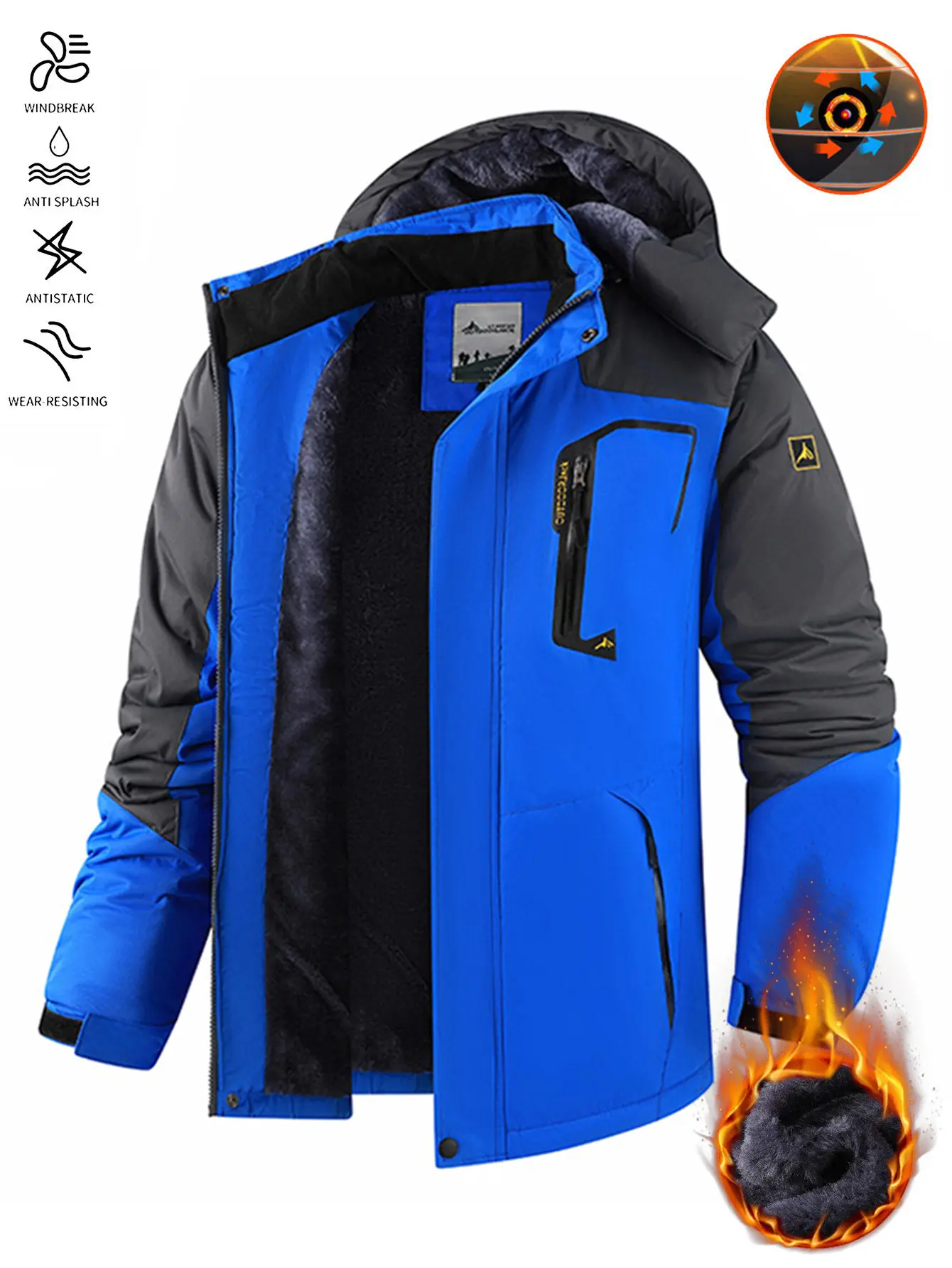 Men’s heavy-duty fleece-lined hooded snowboard jacket, wind-resistant, water-repellent warm winter outer coat with multiple storage pockets and an adjustable hood for skiing, hiking, camping, mountain trips, and cold-day outdoor activities