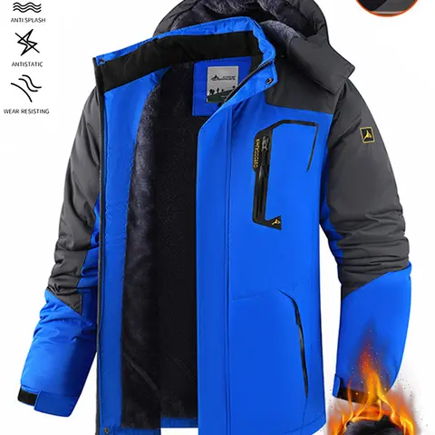 Men’s Fleece-Lined Hooded Winter Outdoor Jacket - Windproof, Water-Resistant, Thick Warm Coat with Adjustable Hood, Multiple Zippered Pockets, Wear-Resistant Outerwear for Skiing, Hiking, Cold Everyday Wear, Coats