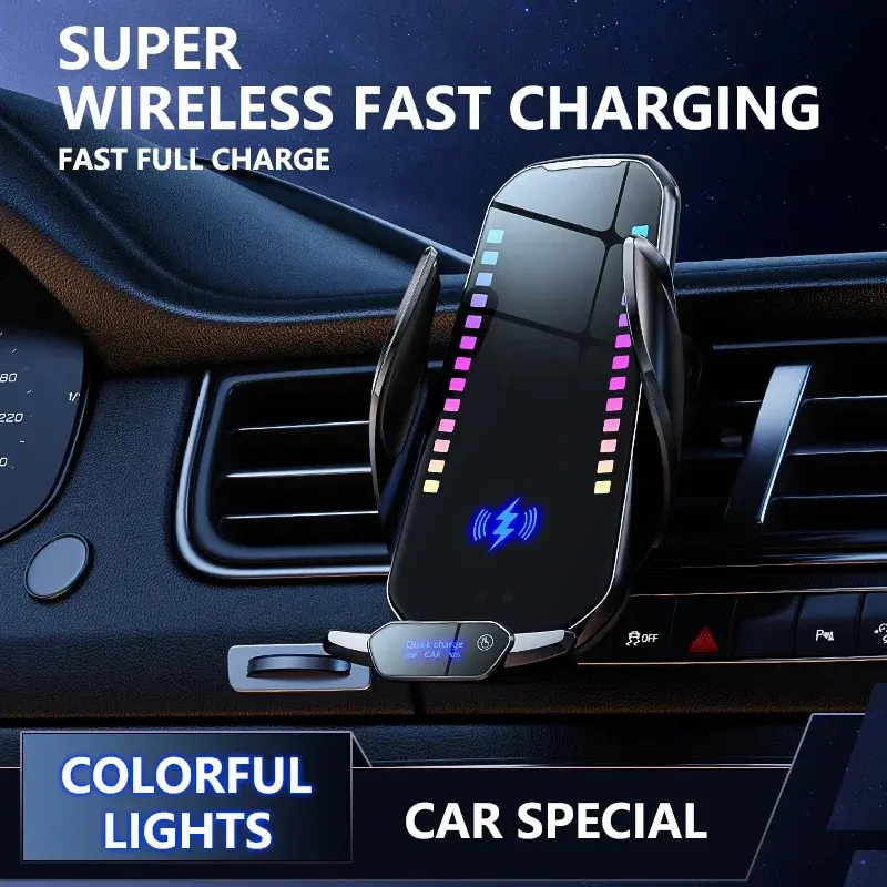 Wireless Charging Smart Rhythm Color Lights with Infrared Sensing, Adjustable Car Phone Holder & Retractable Stand for Music and Car Use magnetic phone holder, Car Wireless Charger, Wireless Fast Charging,summerwins