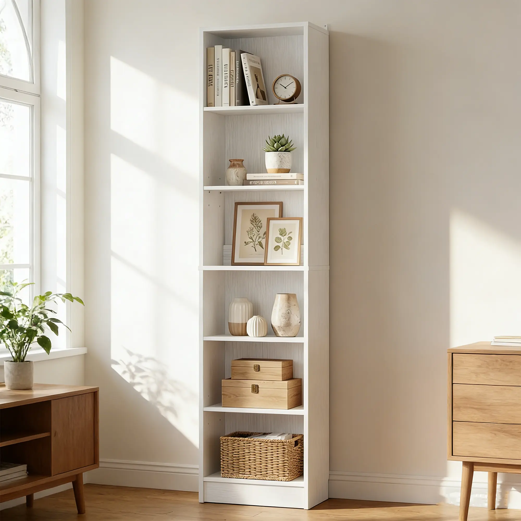 6-Tier Narrow Display Bookcase with 2 Adjustable Shelves，80"H Tall Modern Storage Cabinet Etagere Bookshelf for Collectibles, Living Room, Office