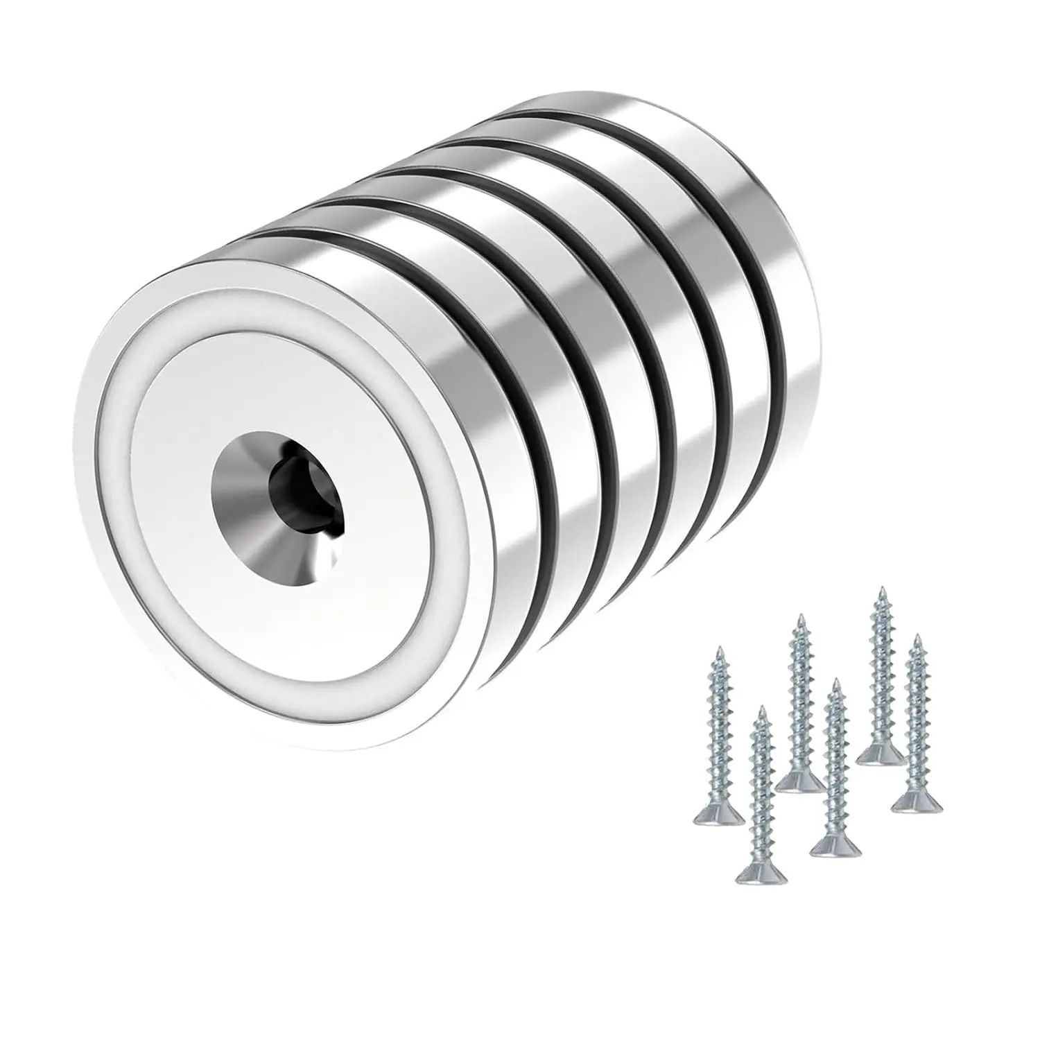 130LBS N52 Neodymium Cup Magnets with Countersunk Hole, 1.25" Diameter - 6 Pack, Rare Earth Pot Magnets for Mounting, Round Base Cup Magnet Used in Garage, Kitchen, Workplace
